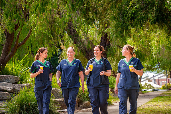 Four midwives walking outside enjoying take away coffee