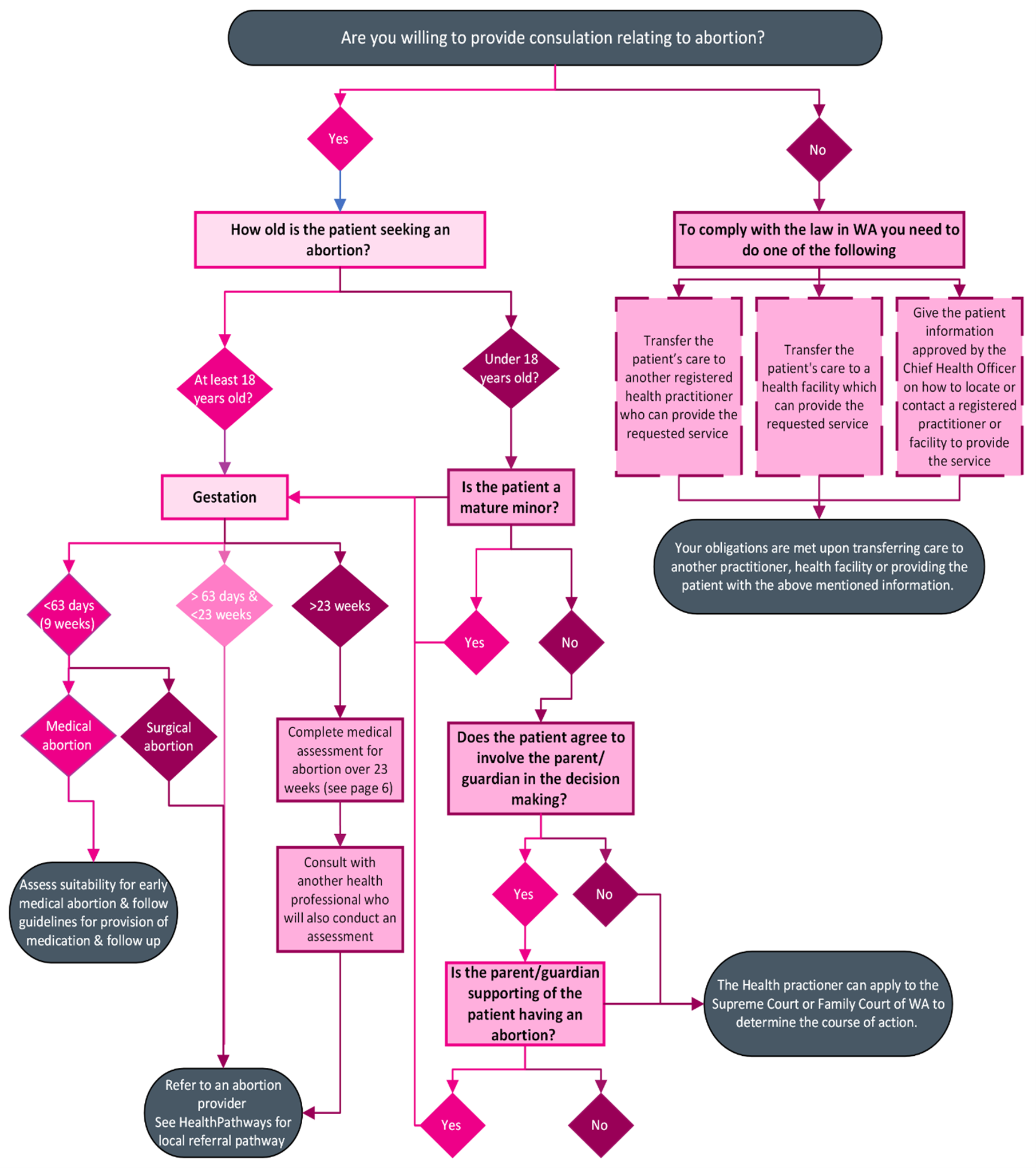 Quick Access Guide Table outlines a health practitioner's obligations and referral pathways for each gestational limit. 